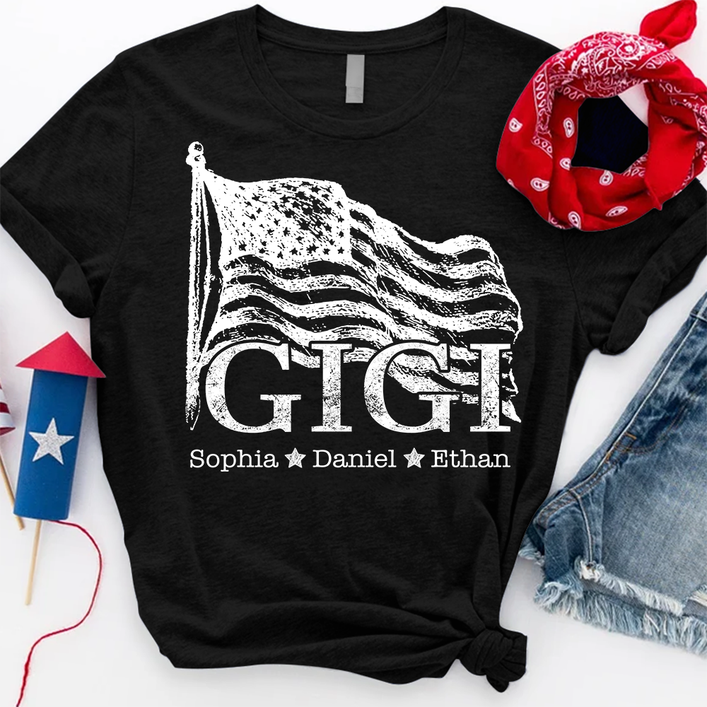 Gigi USA Flag T shirt, Personalized with Kids' Names, Custom Family Shirt for 4th of July