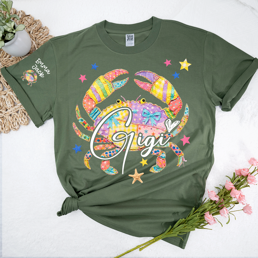 Custom Mimi T Shirt, Personalized Grandma Shirt with Kids Names, Colorful Crab Beach Design Tee, Summer Gift for Mimi