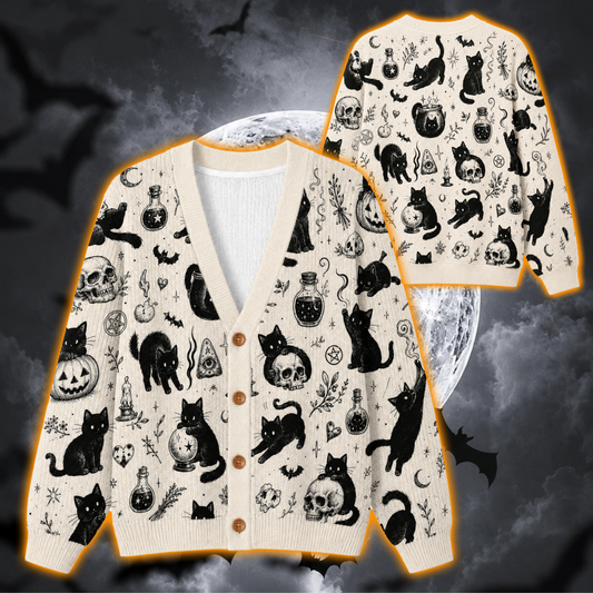 Halloween Black Cat Cardigan Sweater – Gothic Witchy Knit Button-Up Cardigan, Spooky Cat Halloween Sweater for Women