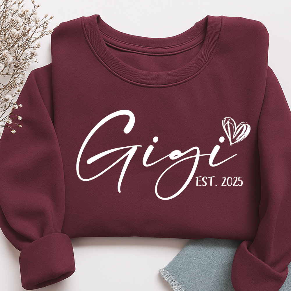 Gigi Est. 2025 Sweatshirt, Personalized Grandma Announcement Tee