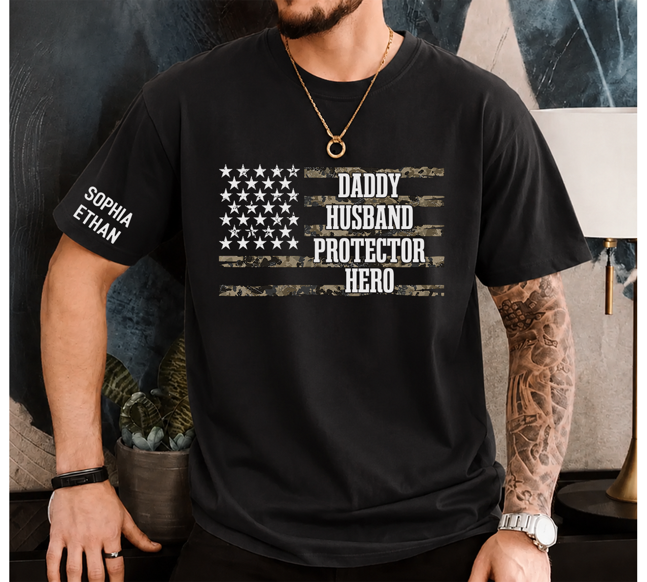 Custom Daddy Husband Protector Hero Shirt, Personalized Dad Shirt with Kids Names, Camo USA Flag Father’s Day Gift