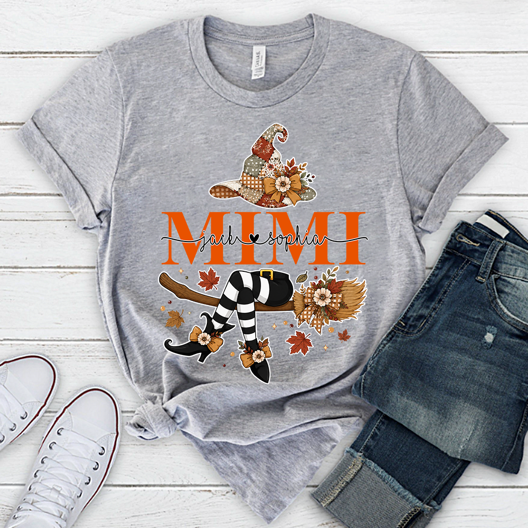 Personalized Mimi Witch Halloween Shirt, Fall Pumpkin Grandma Tee, Custom Grandkids Names T Shirt, Cute Autumn Gift for Mimi