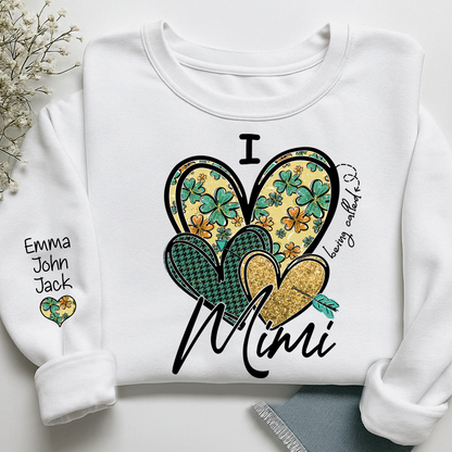 I Love to Be Called Mimi Heart Design Sweatshirt For St. Patrick's Day, Personalized Clover Design Sweatshirt for Grandma with Grandchildren's Names