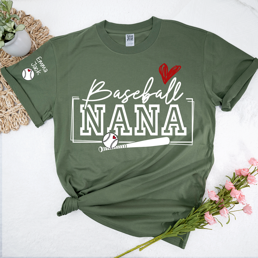 Proud Baseball Nana T Shirt, Personalized Family Sports Shirt with Bat and Heart Design