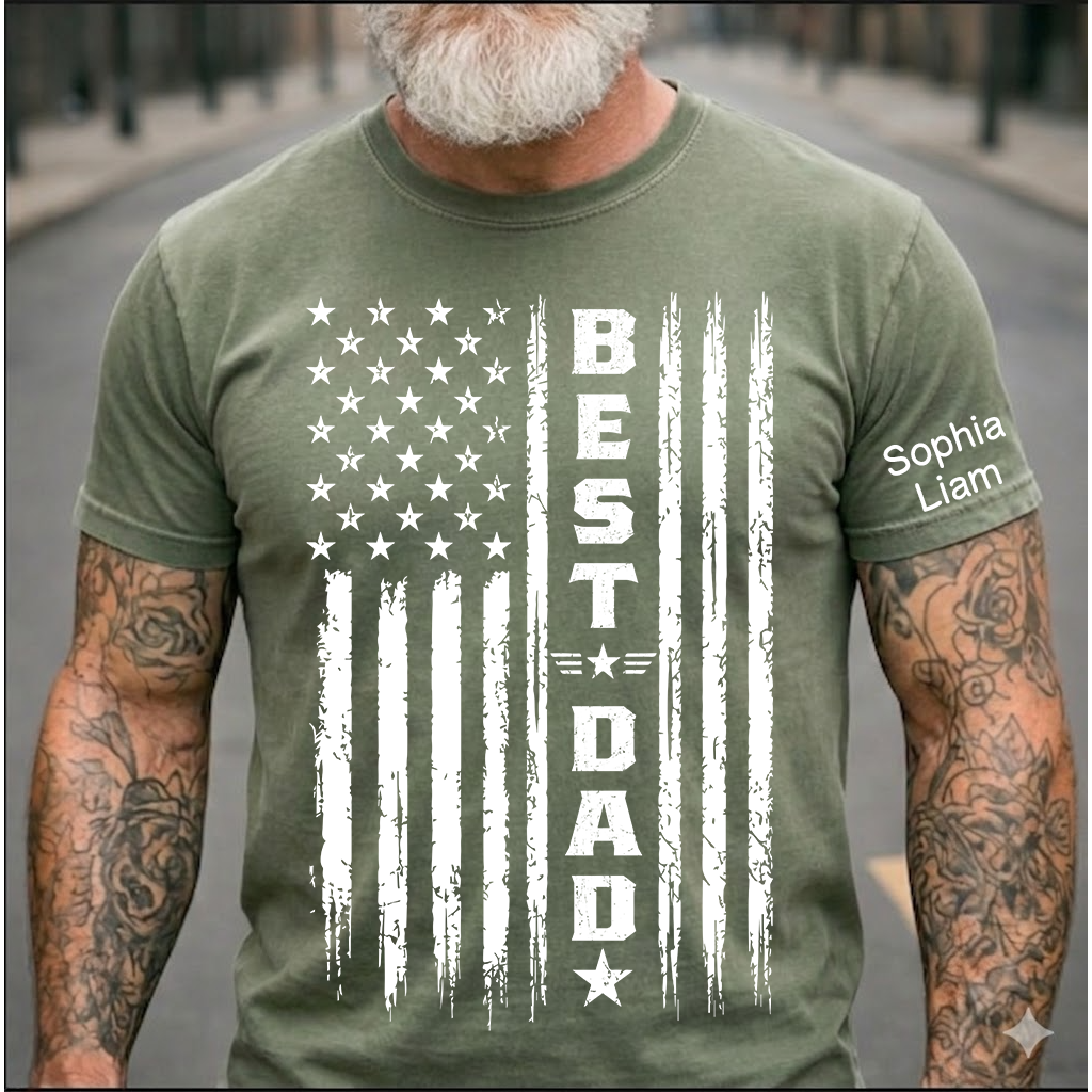 Best Dad Patriotic T-Shirt – Custom Kids Names American Flag Design Gift for Daddy Papa Fathers Day Birthday