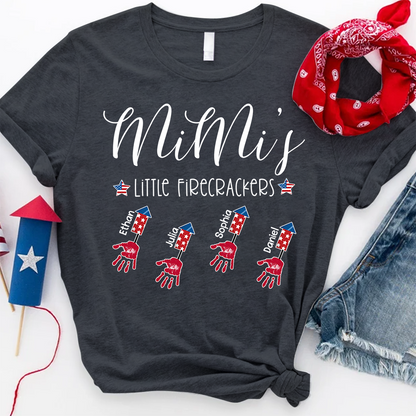 Personalized Mimi's Little Firecrackers T Shirt, Custom Grandchildren Names with Firework Handprint Design