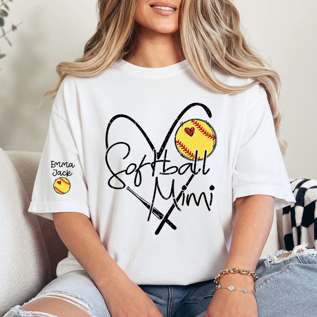 Softball Mimi Shirt Personalized with Grandkids Names, Heart and Bat Sports Family T Shirt