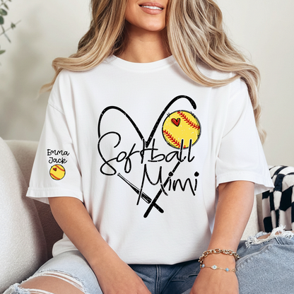 Softball Mimi Shirt Personalized with Grandkids Names, Heart and Bat Sports Family T Shirt