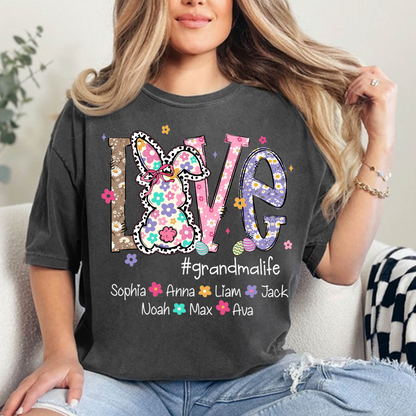 Personalized Love Grandma Liffe Easter T Shirt, Bunny And Egg Design With Names For Grandma And Kids