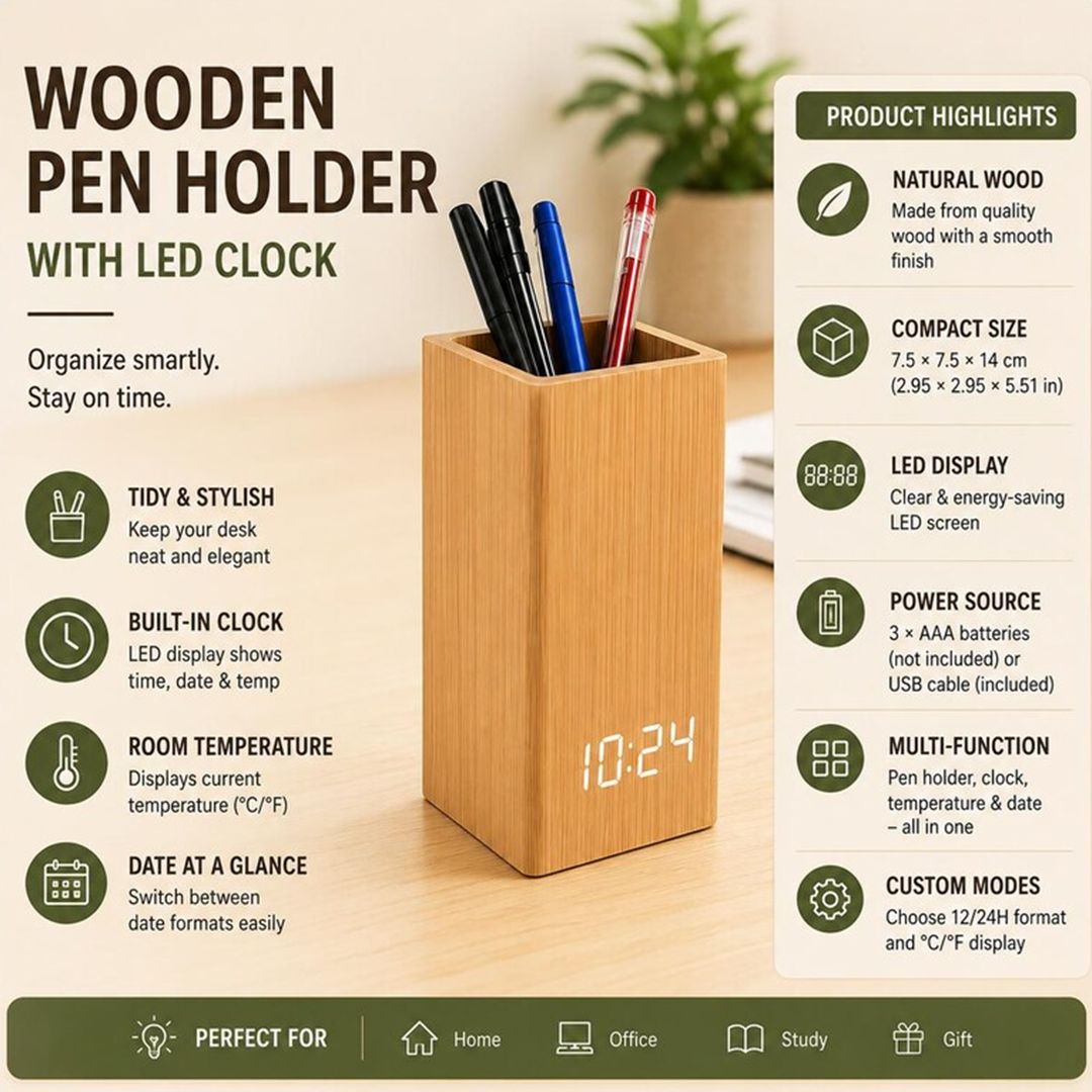 Teacher Pen Holder With Clock, Personalized Wooden Desk Organizer, Back To School Gift For Teacher, Classroom Supplies Decor