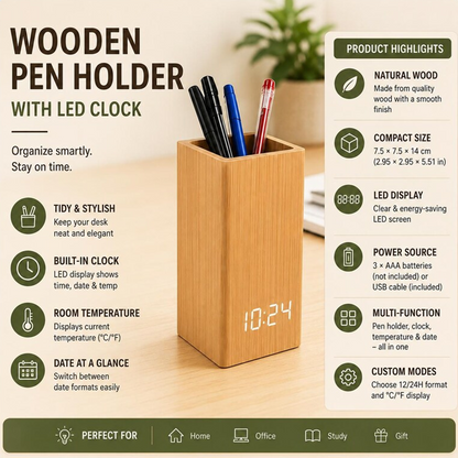 Teacher Pen Holder With Clock, Personalized Wooden Desk Organizer, Back To School Gift For Teacher, Classroom Supplies Decor
