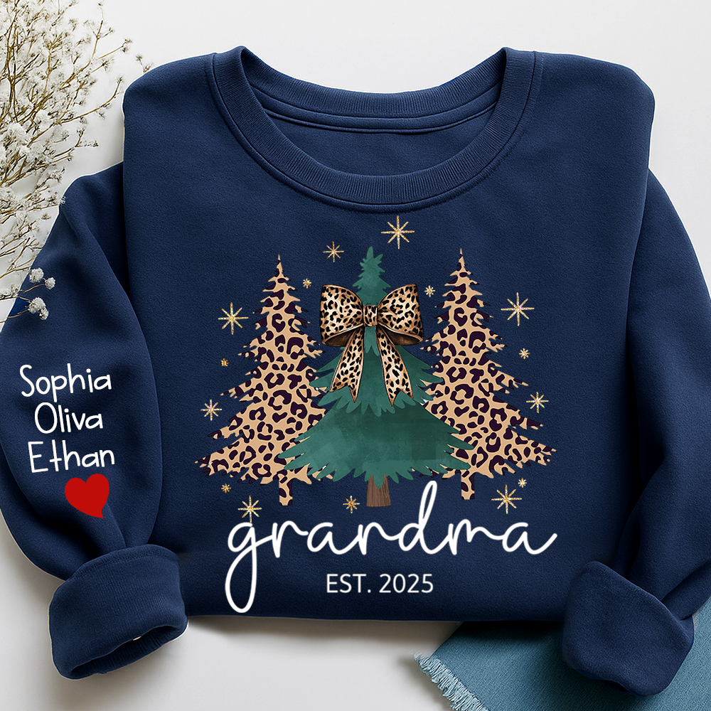 Christmas Sweater Printed with Personalized Name, Leopard Christmas Tree Personalized Gift for Grandma