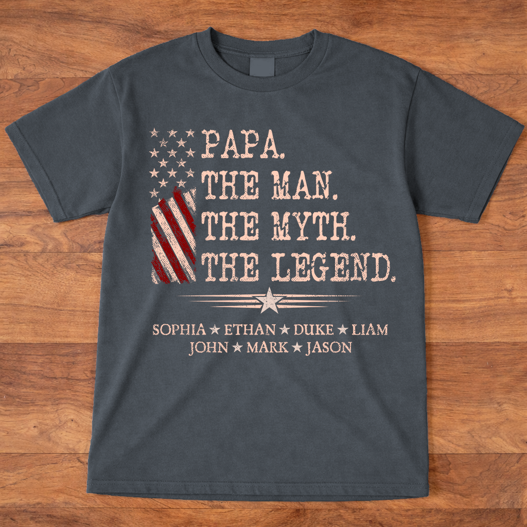 Papa The Man The Myth The Legend Shirt, Personalized Papa T-Shirt with Kids Names Patriotic American Flag Design