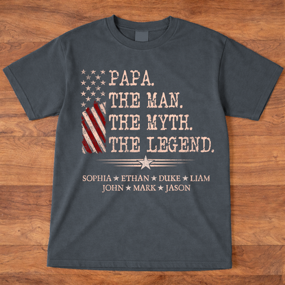 Papa The Man The Myth The Legend Shirt, Personalized Papa T-Shirt with Kids Names Patriotic American Flag Design