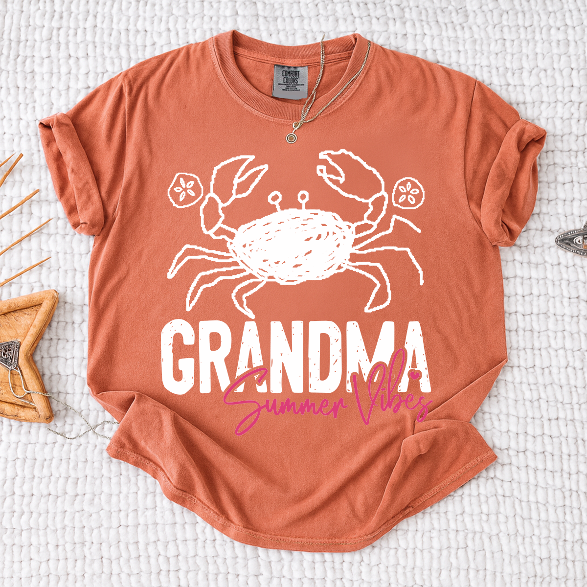 Personalized Grandma Summer Crab T Shirt, Custom Family Names Tee, Cute Crab Beach Graphic Shirt, Gift for Nana and Grandma