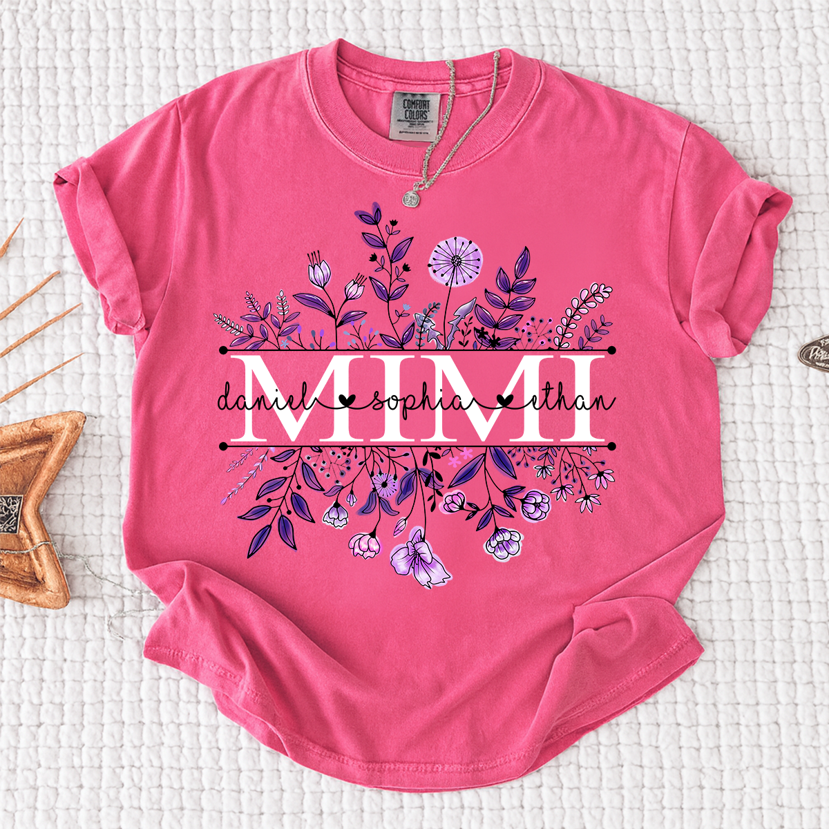 Comfort Colors Personalized MIMI T Shirt, Customizable with Family Names, Stunning Floral Design with Purple Flowers