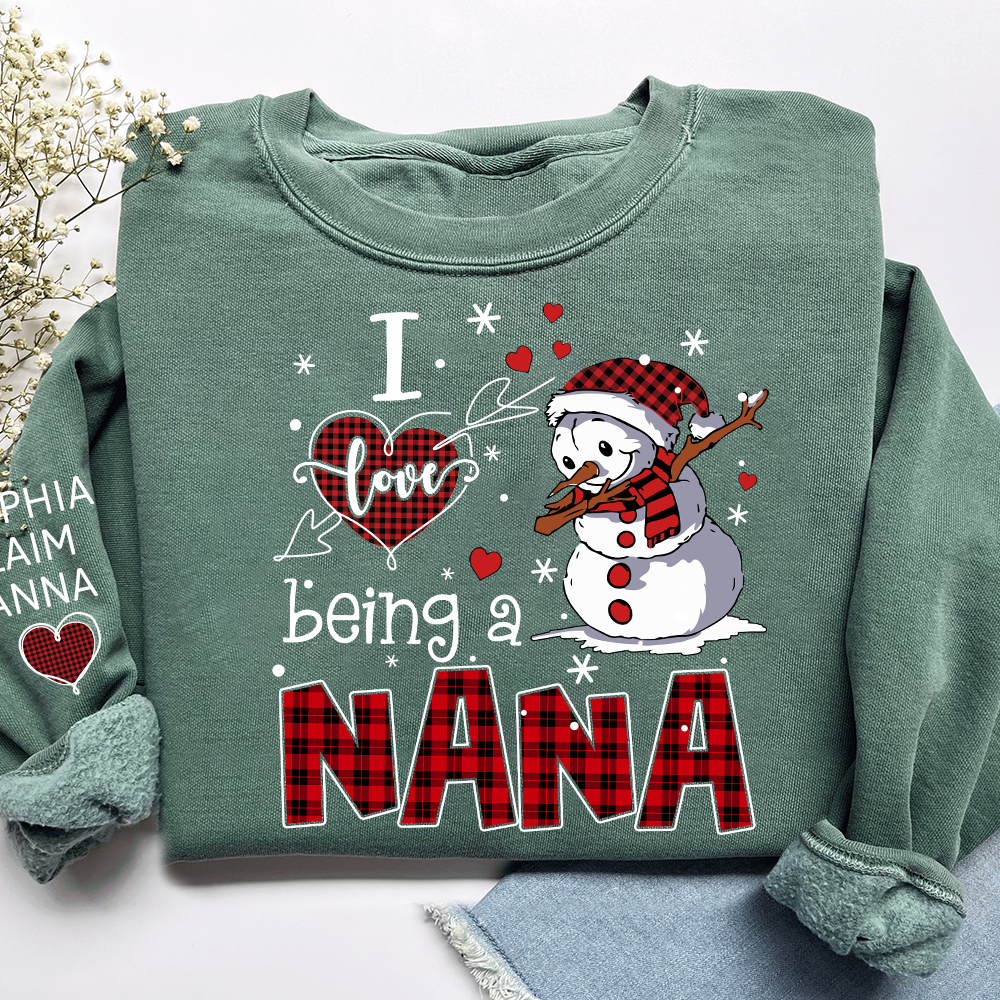 I Love Being a Nana Sweatshirt, Personalized Christmas Snowman Shirt with Kids Names