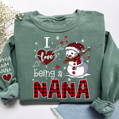 I Love Being a Nana Sweatshirt, Personalized Christmas Snowman Shirt with Kids Names
