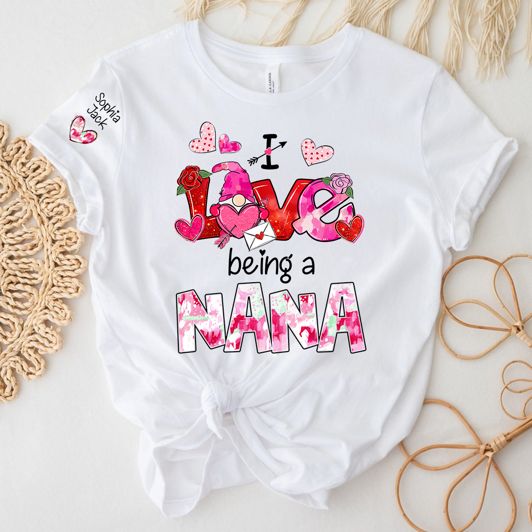 Personalized I Love Being A Nana Valentine T-shirt, Cute Bow and Strawberry Design for Grandma and Kids