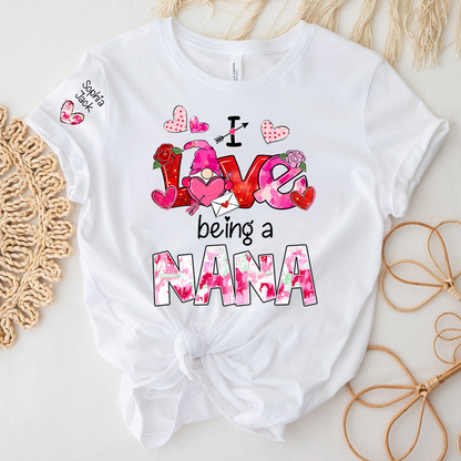 Personalized I Love Being A Nana Valentine T-shirt, Cute Bow and Strawberry Design for Grandma and Kids
