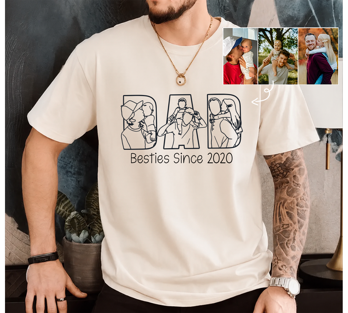 Personalized Photo Dad T-Shirt – Custom Line Art Family Design Gift for Daddy Papa Dad