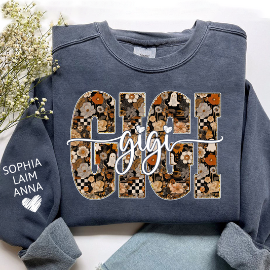 Personalized Gigi Spooky Halloween Sweatshirt with kids’ names on sleeves, Give Family
