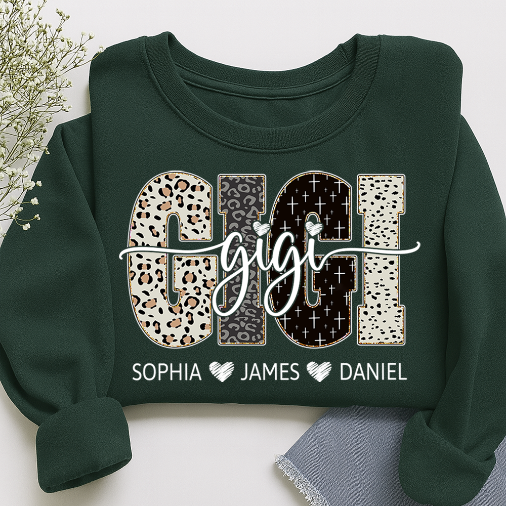 Personalized GiGi Sweatshirt With Grandkids Names, Custom Leopard Print Grandma Pullover