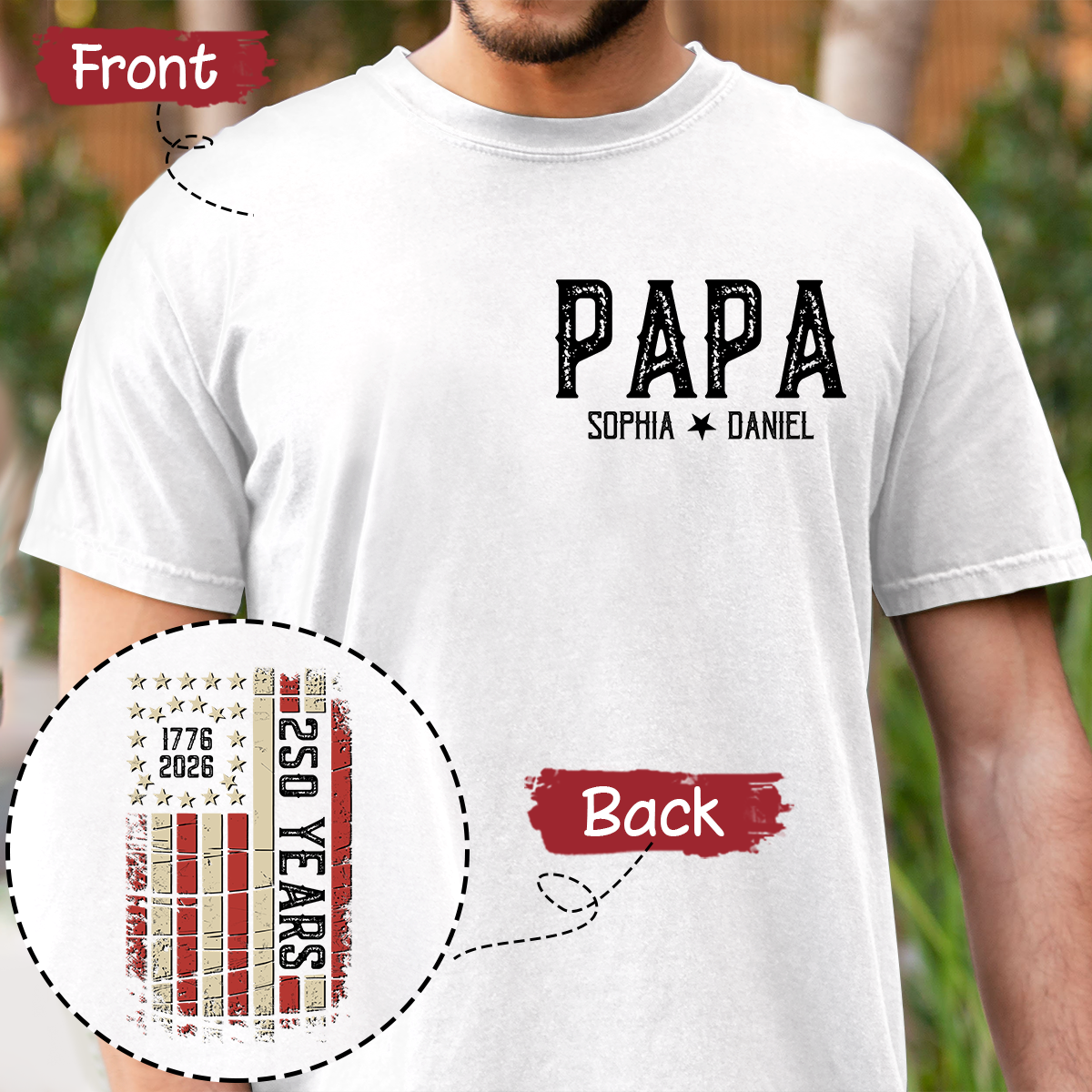 Personalized Papa Shirt, Custom Family Names T Shirt, 250th Anniversary American Flag Design, Patriotic Gift for Papa