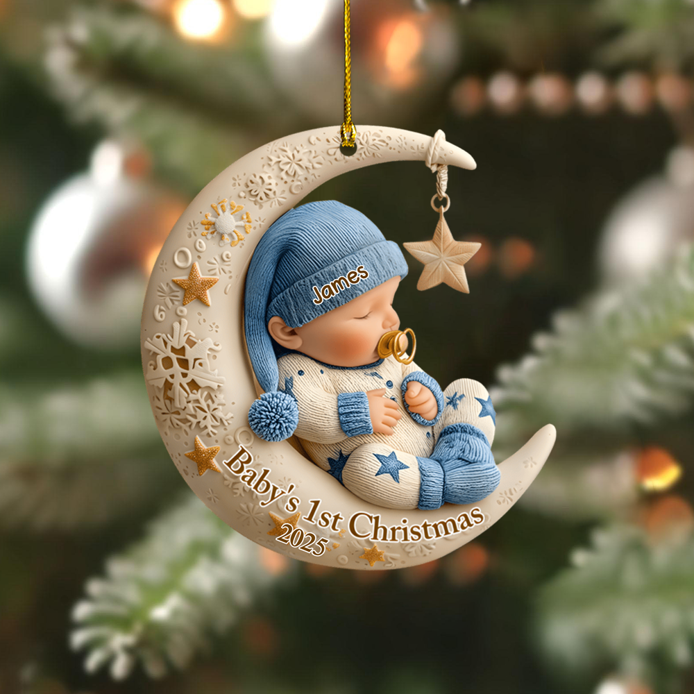 Personalized Baby’s 1st Christmas Ornament 2025 – Custom Name Sleeping Baby on Moon Ornament, Newborn Keepsake Gift for Boys & Girls Ornament