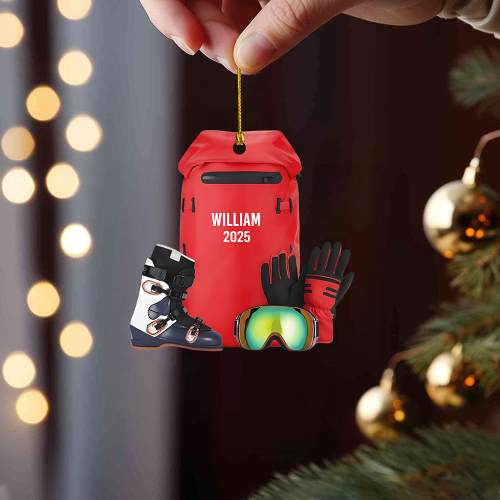 Personalized Ski Gear Ornament 2025 – Custom Name Ski Backpack Christmas Ornament, Gift for Skiers & Snowboard Lovers Ornament