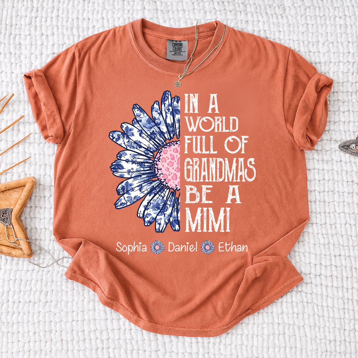 Comfort Colors Custom Mimi Shirt with Grandkids Names In a World Full of Grandmas Be a Mimi Daisy Flower Design Personalized Family Tee