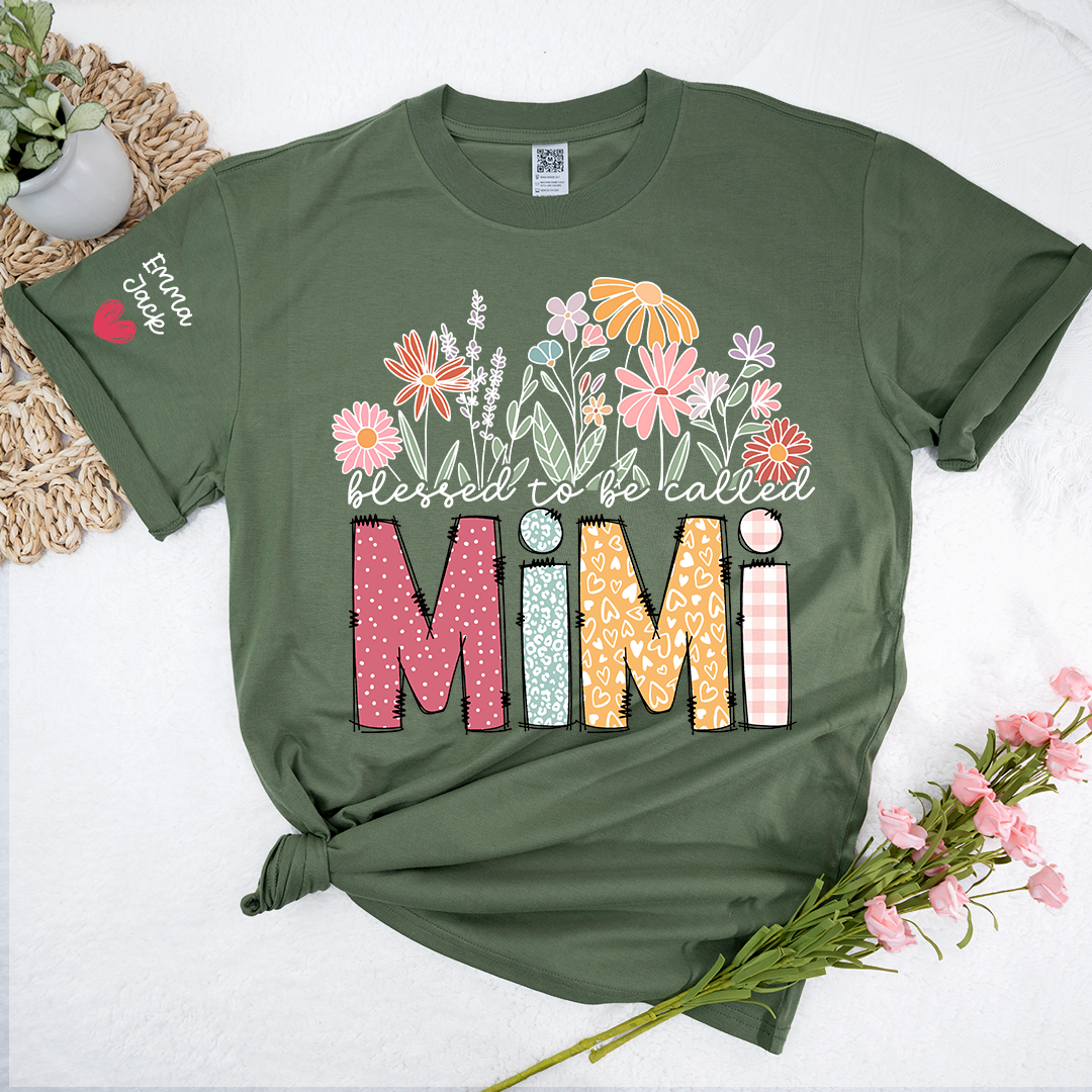 Blessed to Be Called Mimi Shirt Personalized with Grandkids Names, Floral Design