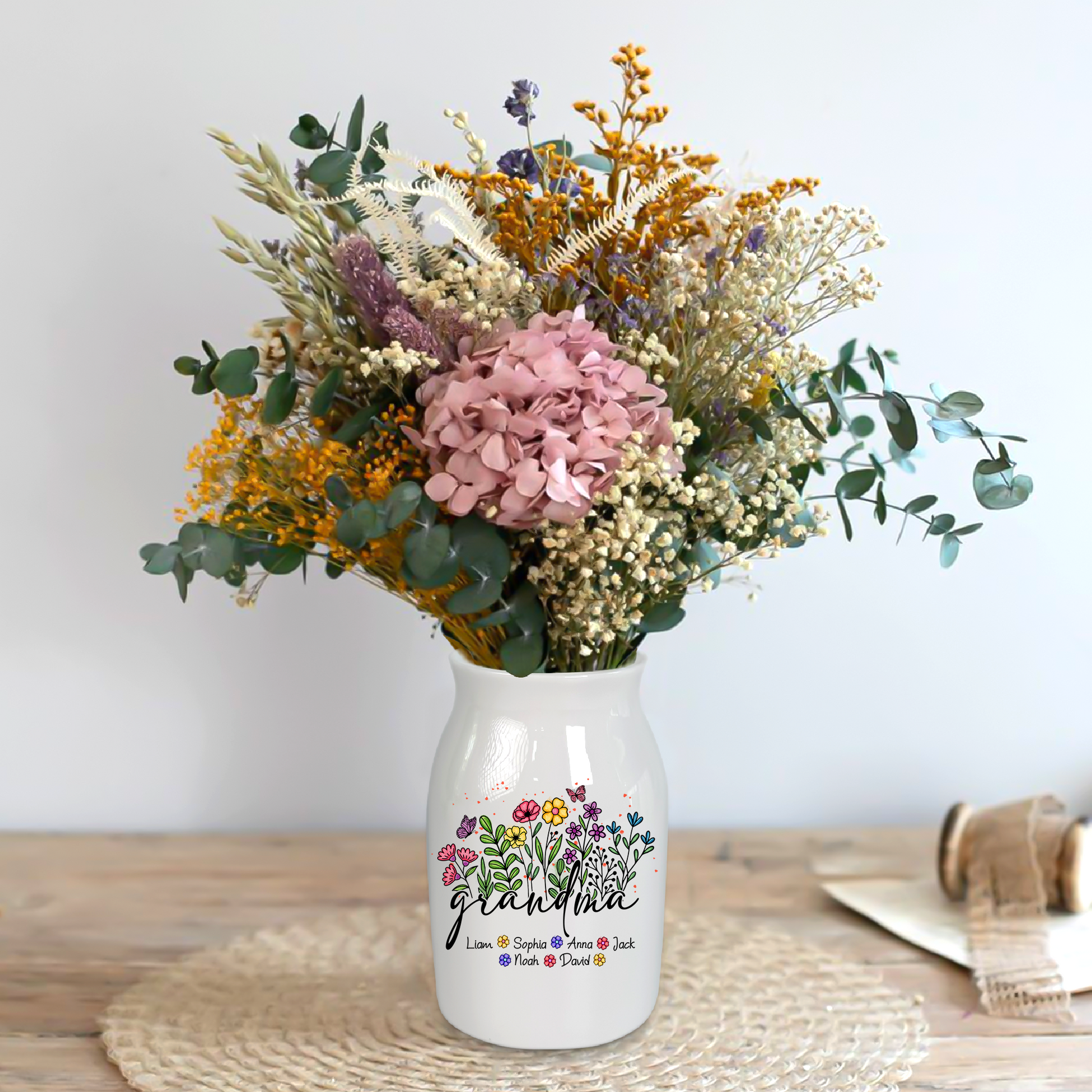Flowers Grandma And Kids - Custom Home Decoration Flower Vase According To Family Requirements - Warm Gift For Mother's Day, Ceramic Flower Vase