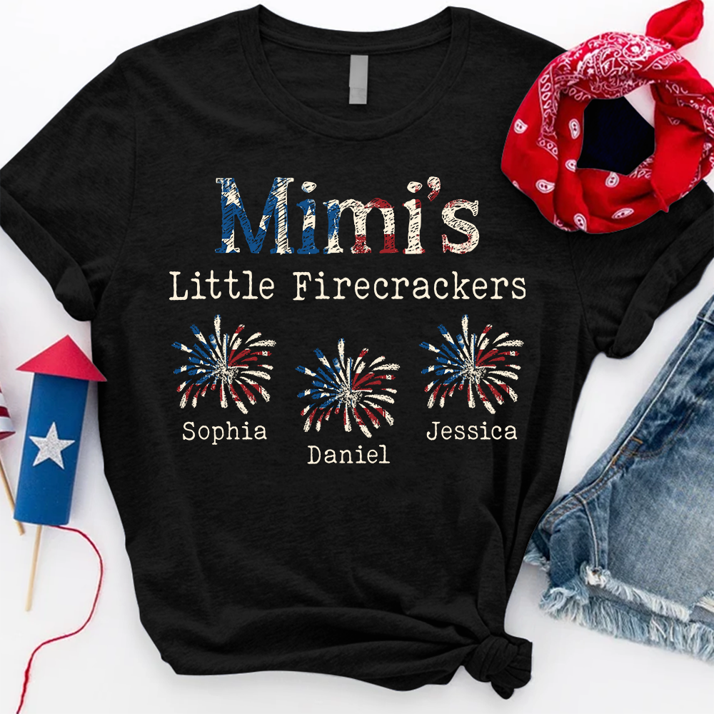 Personalized Mimi's Little Firecrackers Shirt with Kids Names, Custom Patriotic Family Tee, 4th of July Grandma Shirt for Women