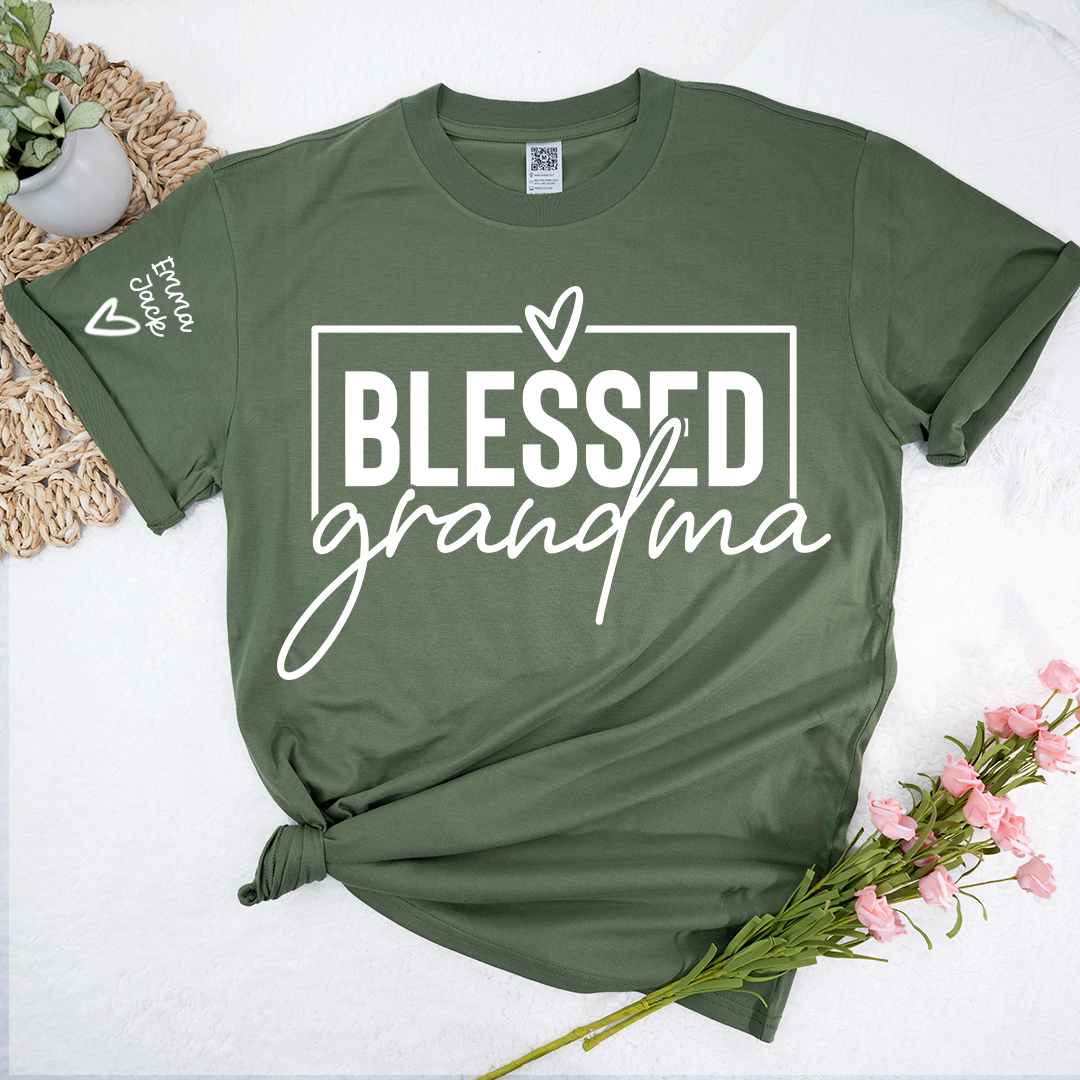 Blessed Grandma Shirt, Personalized Grandkids Names Sleeve Tee, Faith Based Grandma T Shirt, Christian Gift for Grandma Women