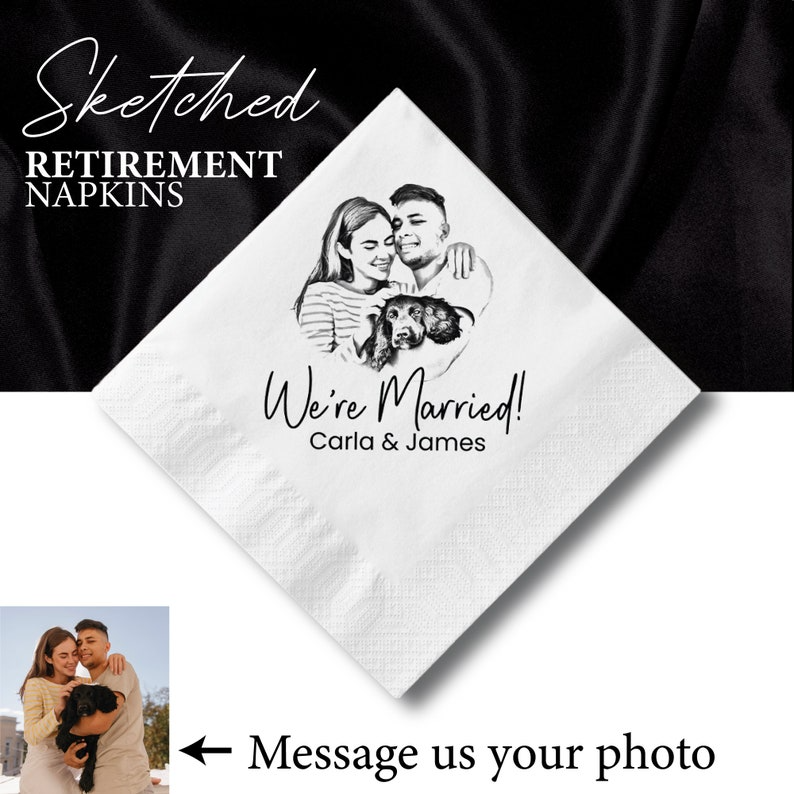 Personalized Sketched Wedding  Napkins, Elegant Gifts for Couple, Engagement Party, Custom Paper Beverage, Engagement