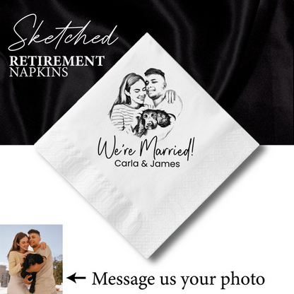 Personalized Sketched Wedding  Napkins, Elegant Gifts for Couple, Engagement Party, Custom Paper Beverage, Engagement