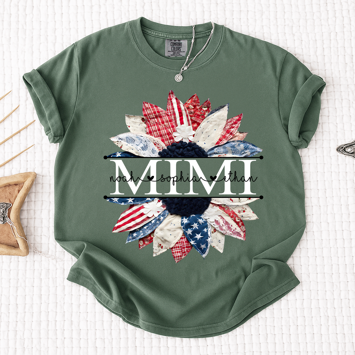 Comfort Colors Mimi Patchwork Floral Shirt with Custom Grandkids Names, Personalized Family Tee
