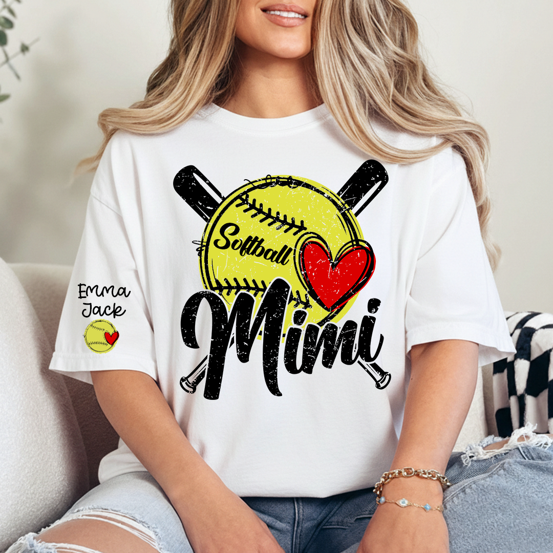 Mimi Softball Shirt with Heart Design, Personalized Family T Shirt with Custom Names