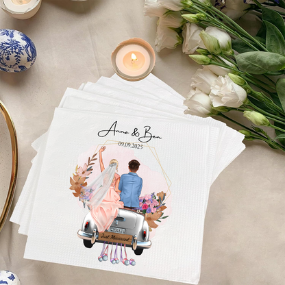 Personalized Wedding Napkins – Bride & Groom Car Design, Custom Names & Date Napkinds
