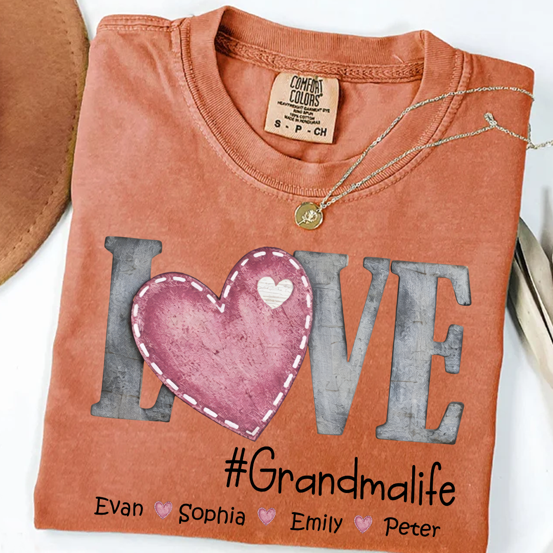 Comfort Colors®'s Personalized Grandma Life T Shirt With Kids Names, Love Heart Graphic Shirt for Nana Mimi Gigi Grandma, Custom Family Name Tee, Soft Casual Everyday Wear