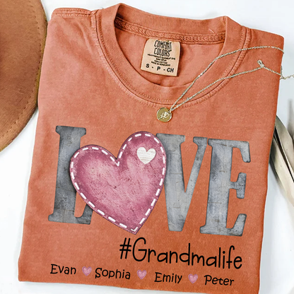 Comfort Colors®'s Personalized Grandma Life T Shirt With Kids Names, Love Heart Graphic Shirt for Nana Mimi Gigi Grandma, Custom Family Name Tee, Soft Casual Everyday Wear
