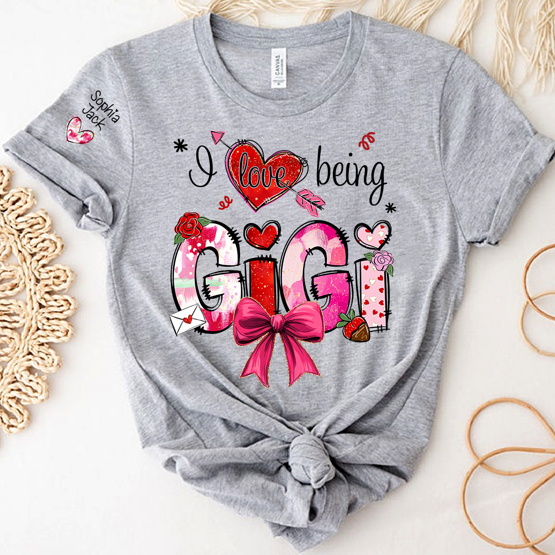 Personalized I Love Being A Nana Valentine's Day T-shirt Cute bows And Strawberries, Gifts for Grandma And Children