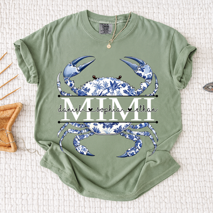 Comfort Colors® Personalized Mimi Shirt, Blue Ocean Crab Graphic Tee, Custom Grandkids Names T Shirt, Cute Coastal Family Gift
