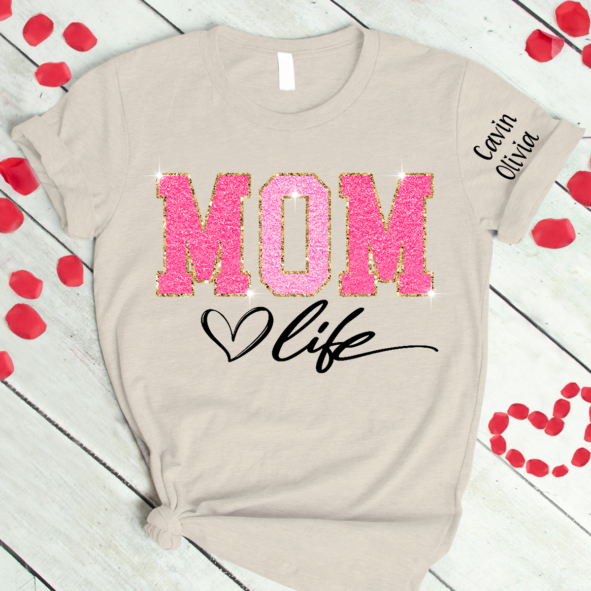 Custom Mom Life Glitter Valentine 2024 T-Shirt