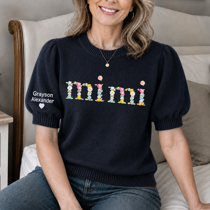 Custom Mimi Floral Embroidered Sweater, Personalized Puff Sleeve Knit Top, Unique Gift for Mimi, Custom Sleeve Text