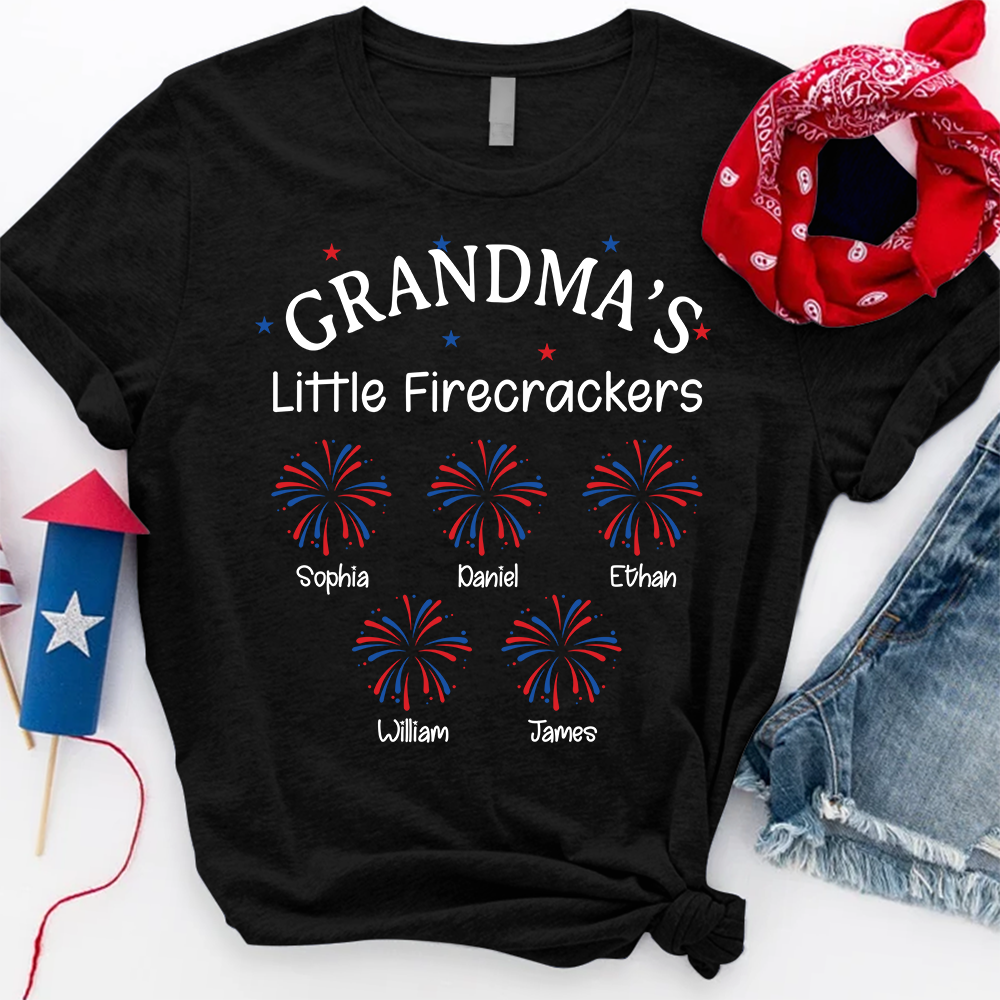 Grandma Little Firecrackers T shirt with Kids Names, Personalized Patriotic Shirt for 4th of July Family Gift