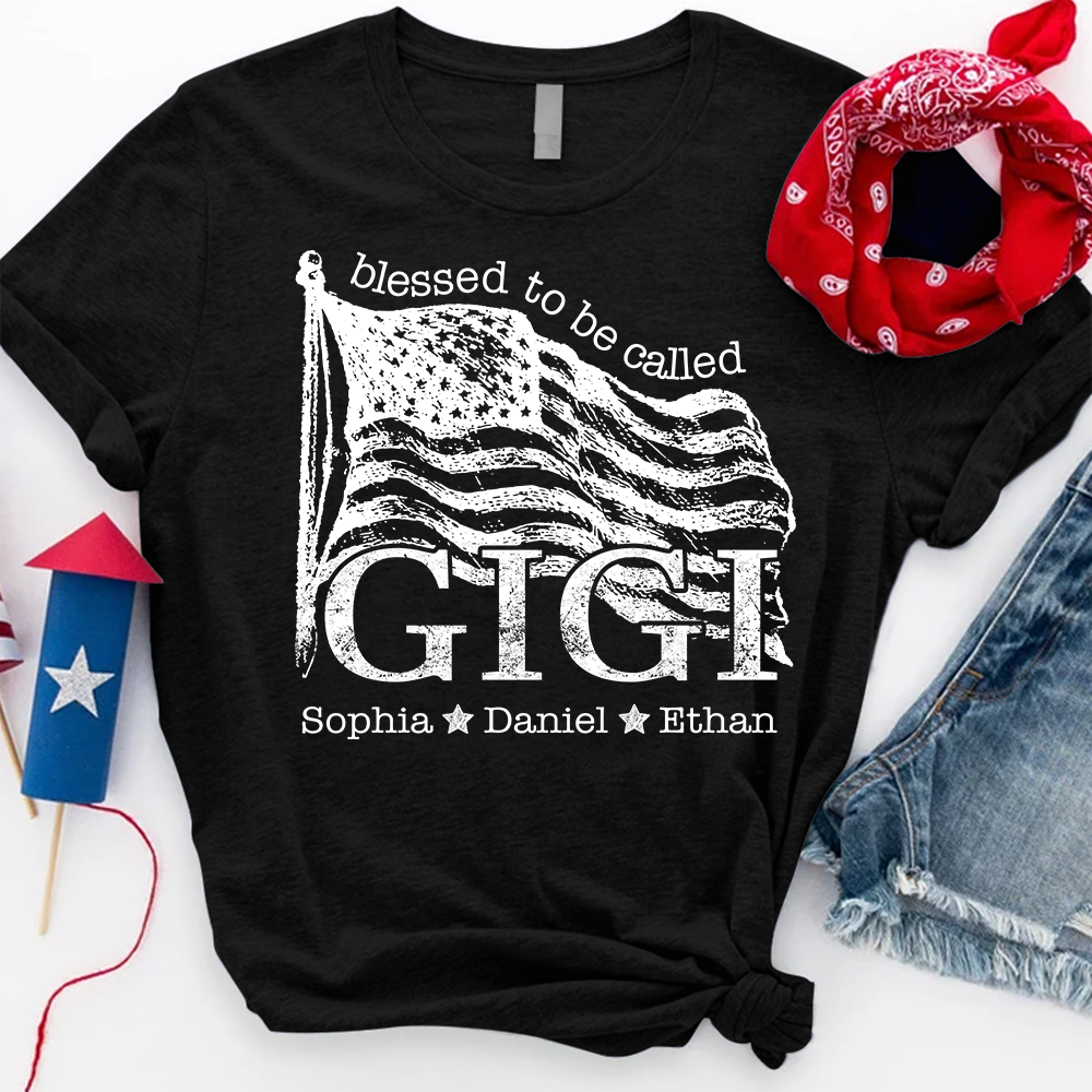 Blessed to Be Called Gigi T Shirt with American Flag, Custom Gift for Grandma, Personalized Family Shirt