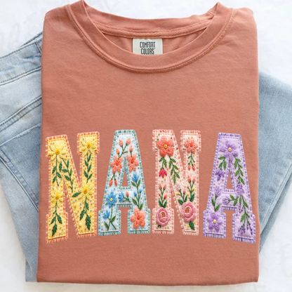Personalized Nana Shirt Floral Embroidery Design Custom Grandma Mimi Gigi Name Tee with Grandkids Names Vibrant Flower Pattern Family Gift for Women