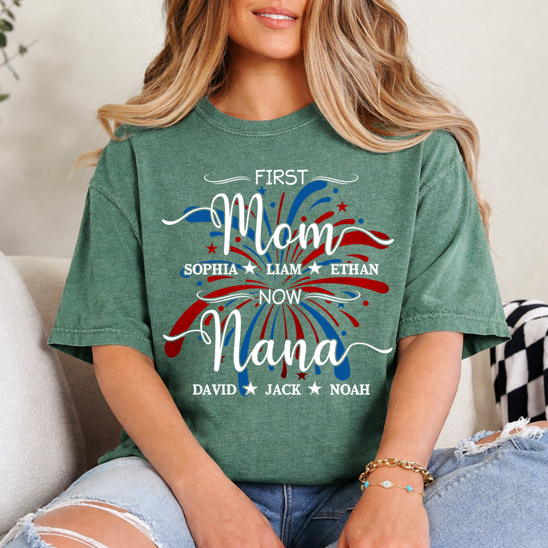 Custom Printed T-shirts Featuring American Fireworks For First Mom, Now Grandma, Patriotic T-shirts With Personalized Family Names For Grandma And Her Grandchildren